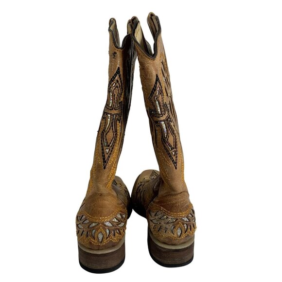 Tan Leather Western Boots w/ Sparkly Cross Wings Embroidery Womens SZ 6.5 B FLAW - Picture 4 of 8